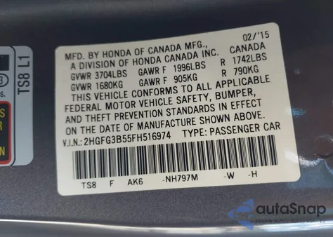 2015 Honda Civic Lx z USA, uszkodzony, nr VIN 2HGFG3B55FH516974